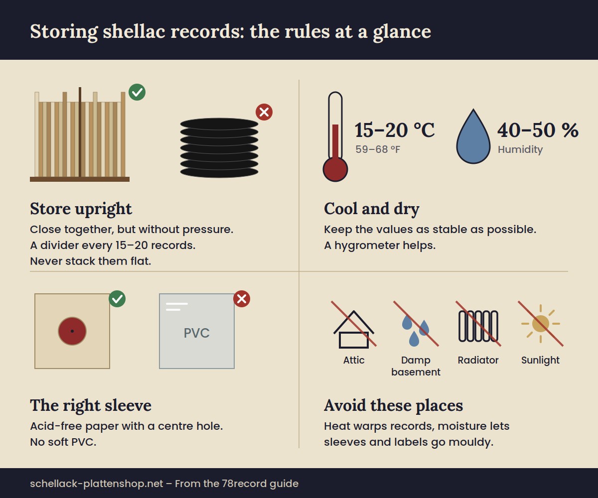 Infographic: store shellac records upright, in acid-free paper sleeves, at 15 to 20 °C and 40 to 50 percent humidity, away from sunlight and radiators